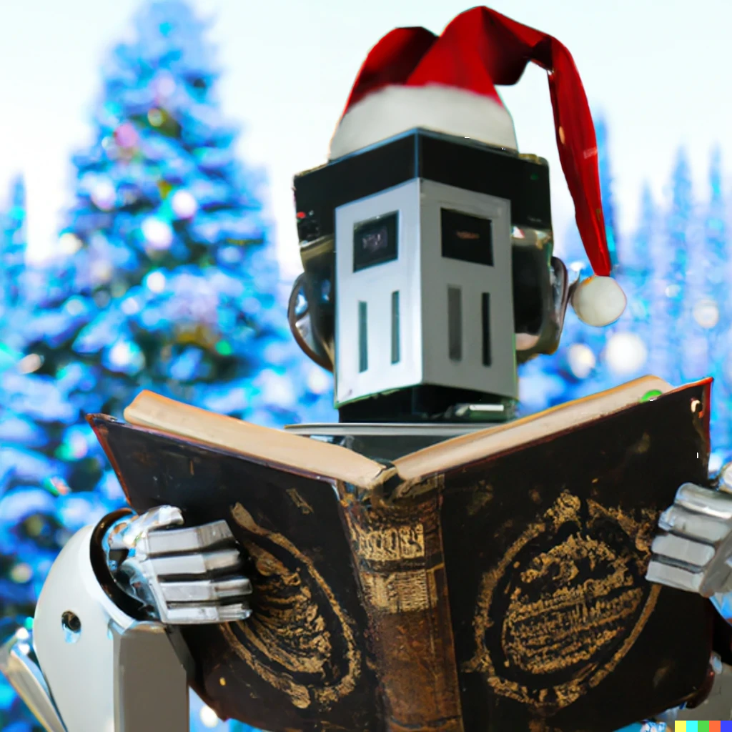DALL·E 2022-11-29 15.32.47 - Robot reading a book, wearing a Christmas hat.png